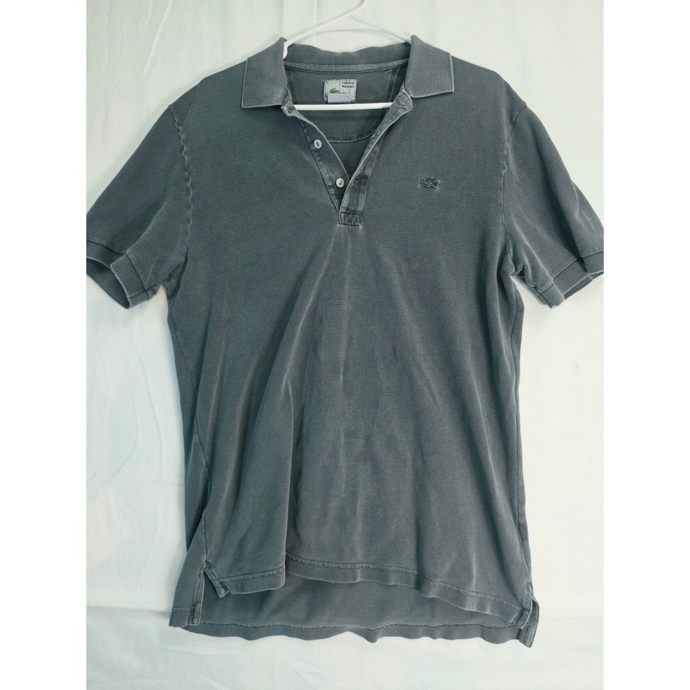 Lacoste Vintage Washed Polo Shirt Gray Cotton Pique Short Sleeve Size 5 L